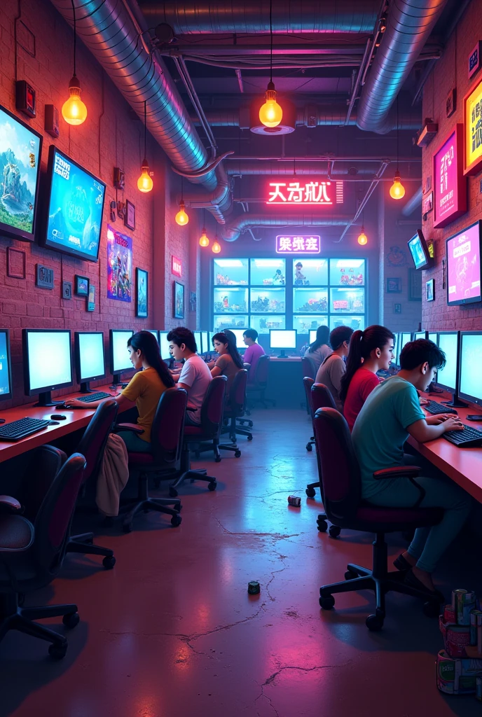 Show me an internet cafe type place where there is a gaming version, food on the floor and more.