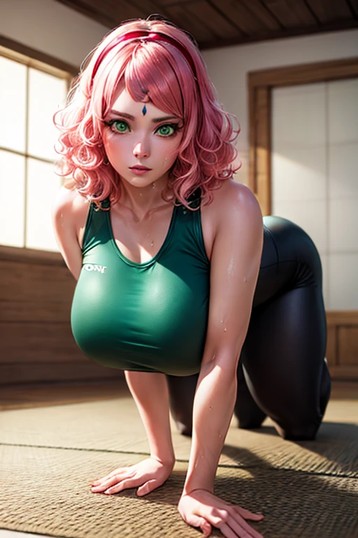masterpiece, Highest quality, (Unreal Engine), reality, Super Resolution, Very detailed, Complex, colorful, Clear images, Sharp focus, Digital Blending,
One Woman, Haruno sakura, Short Straight Hair:1.8, bangs, (Green Eyes:1.5), Pink Hair, hair band, (Forehead mark:1.2), red hair band, (swept bangs:1.5), Puffy nipples, Perfect Eyes, Perfect Face, Ultra detailed hair, Ultra detailed face, Very detailed lips, Vivid expression, Healthy Body, Beautifully detailed sweat glands, Smooth skin texture, Carefully drawn,
((humidity:1.5), Sticky with sweat), (Wear tight yoga suit, Bold and sexy yoga poses, Hot Yoga, Sweat makes your yoga suit transparent),
indoor, Hot Yoga room, (Shot on Sony α9, Dynamic Angle), Browsing Caution,