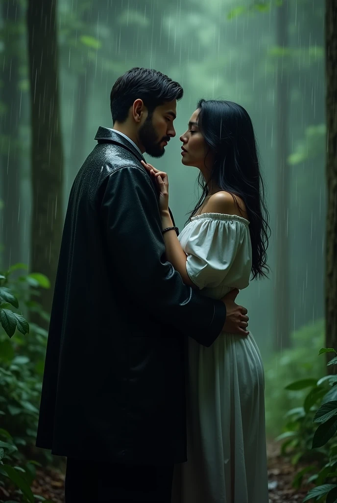 a young under cover police officer with black rain coat who touch a girls boobs at rain time in the forest . he wear a white shirt and black pant . he has black hair and short beard . 