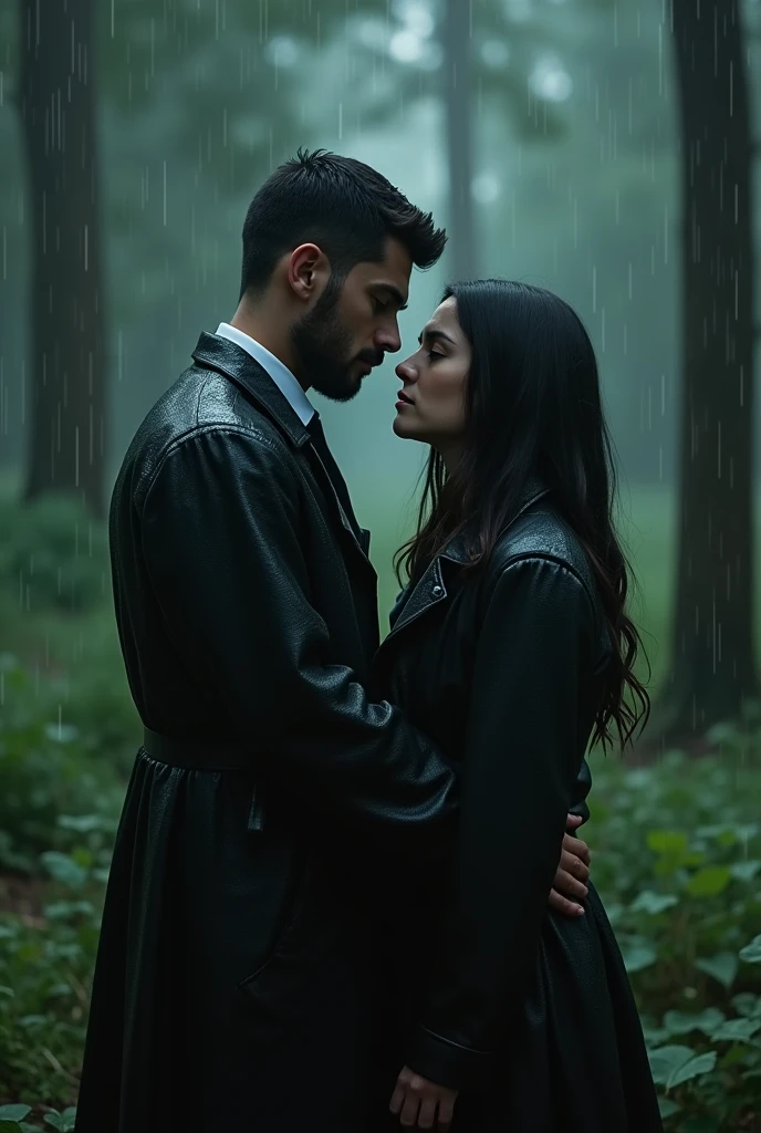 a young under cover police officer with black rain coat who touch a girls boobs at rain time in the forest . he wear a white shirt and black pant . he has black hair and short beard . 
