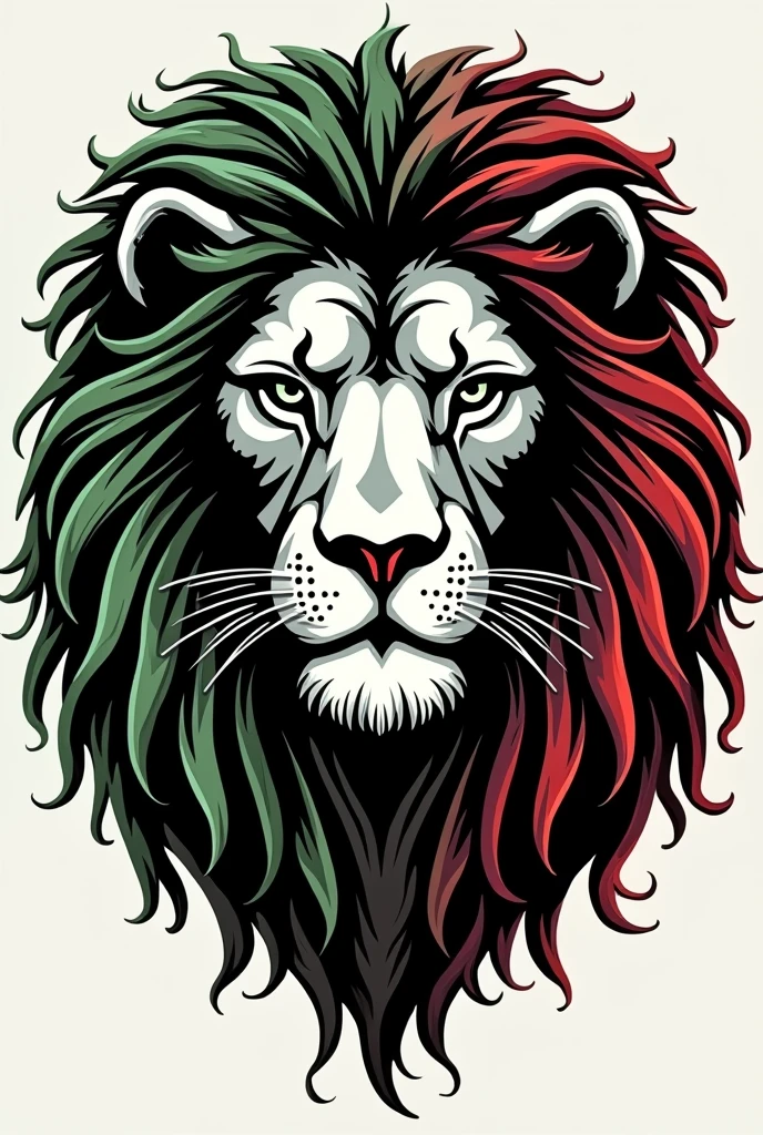create a logo of a black and white lion with red and green dreadlocks