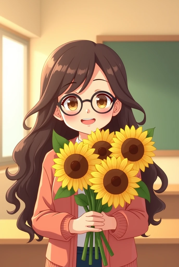 In the classroom, a teacher wearing glasses held a bunch of sunflowers in both hands. They were all smiling and it was very warm.the teacher has long curly hair, wears glasses, and has a smile on her face.a simple background, a flat illustration style, and a warm color scheme, all in high resolution. a cute and happy vibe, soft light casting gentle shadows, a cheerful mood, and a close-up shot.Flat anime style,Cartoon illustration