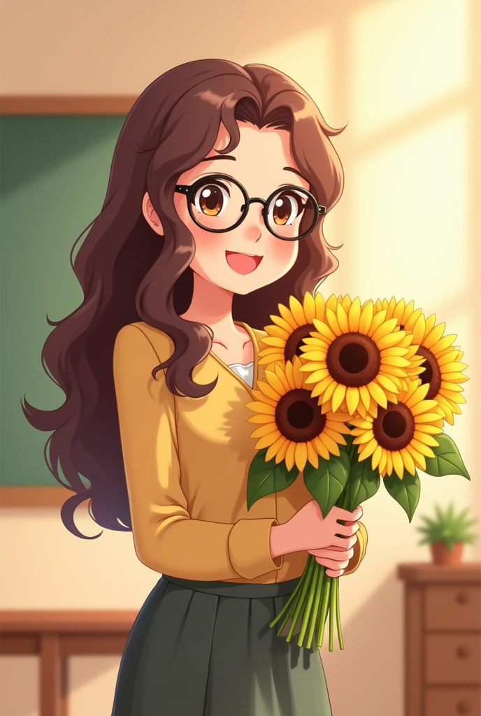 In the classroom, a teacher wearing glasses held a bunch of sunflowers in both hands. They were all smiling and it was very warm.the teacher has long curly hair, wears glasses, and has a smile on her face.a simple background, a flat illustration style, and a warm color scheme, all in high resolution. a cute and happy vibe, soft light casting gentle shadows, a cheerful mood, and a close-up shot.Flat anime style,Cartoon illustration