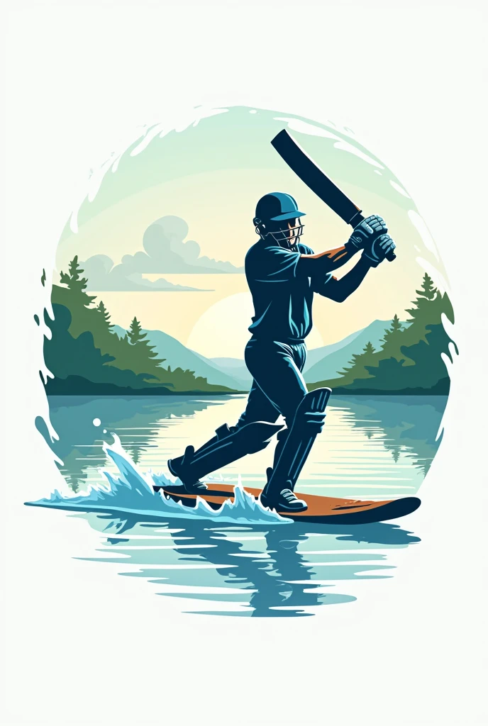 A logo which describes lake cricket and also add the word " lake cricket" in different styles and add a cover drive pose