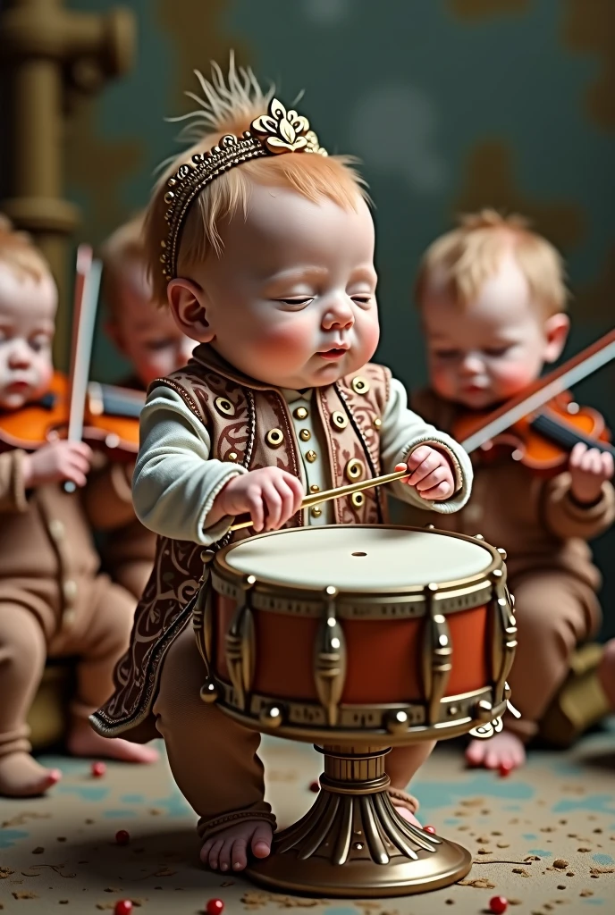 A newborn baby dressed in an orchestral costume plays a real timpani, and behind him newborn babies play the violin as in real life. 