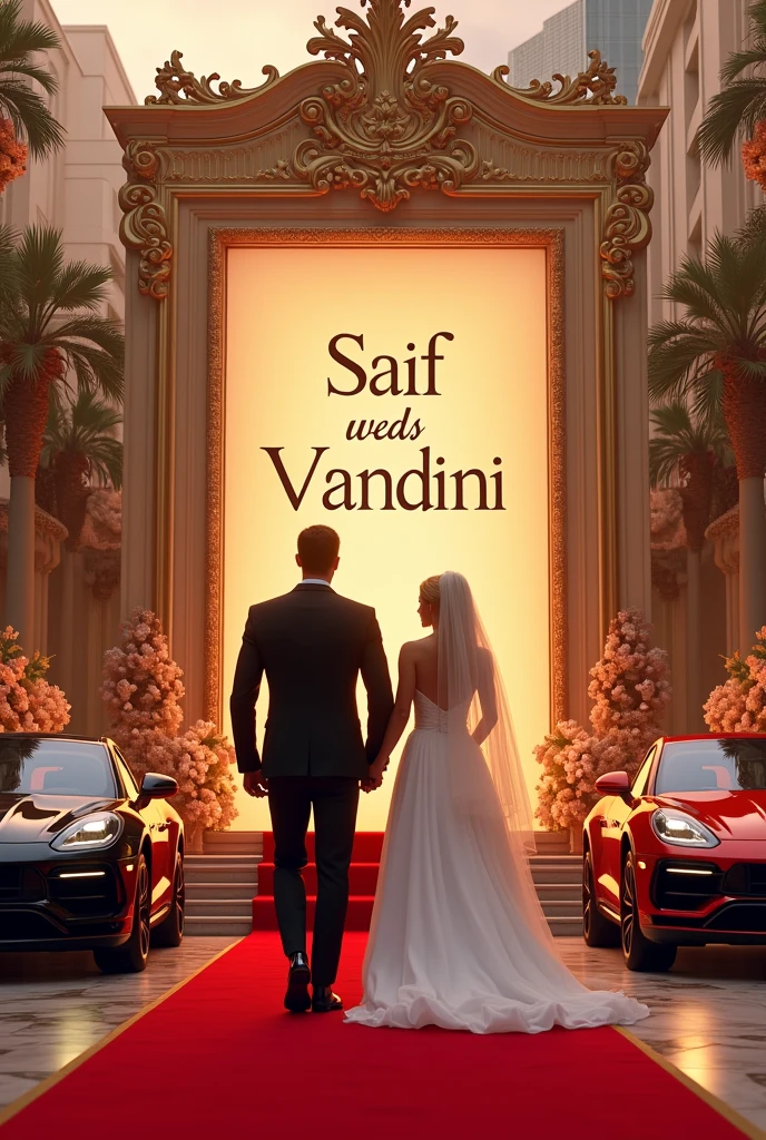 A grand wedding with a giant board written "Saif weds Vandini" this board and the text should be visible. This is a very rich wedding. A Porsche and a Lamborghini have parked there. Bride and groom are 1 stepping down from the red carpet steps the boy's height is 6 feets and the girl is 5.3 feets