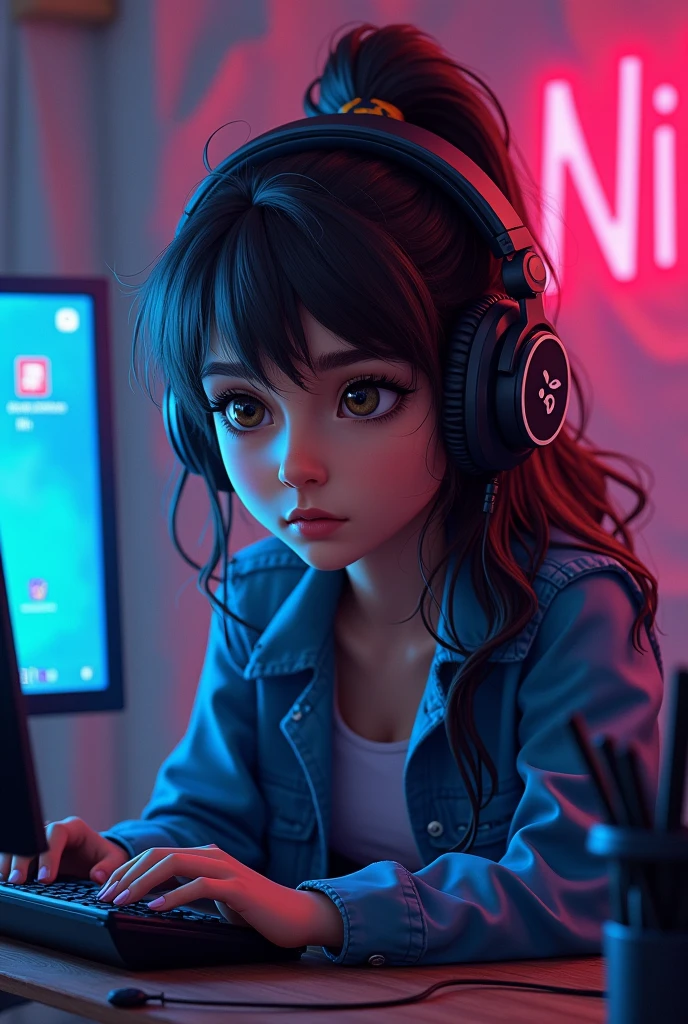 A gaming girl with headphone and background is a wall with name NILA