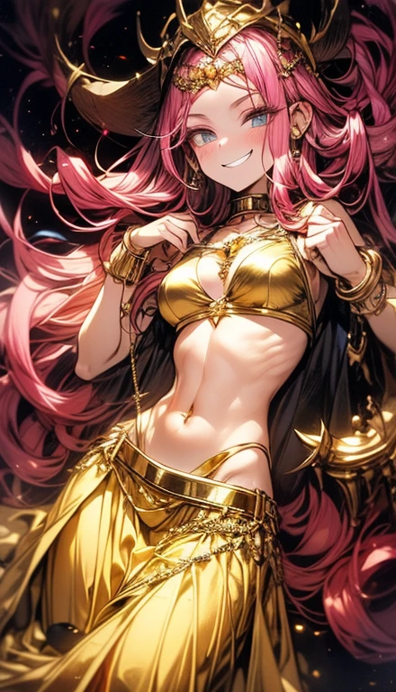 A smug narcissistic pink haired woman wearing a golden bra and long golden skirt and lots of jewelry flaunting herself