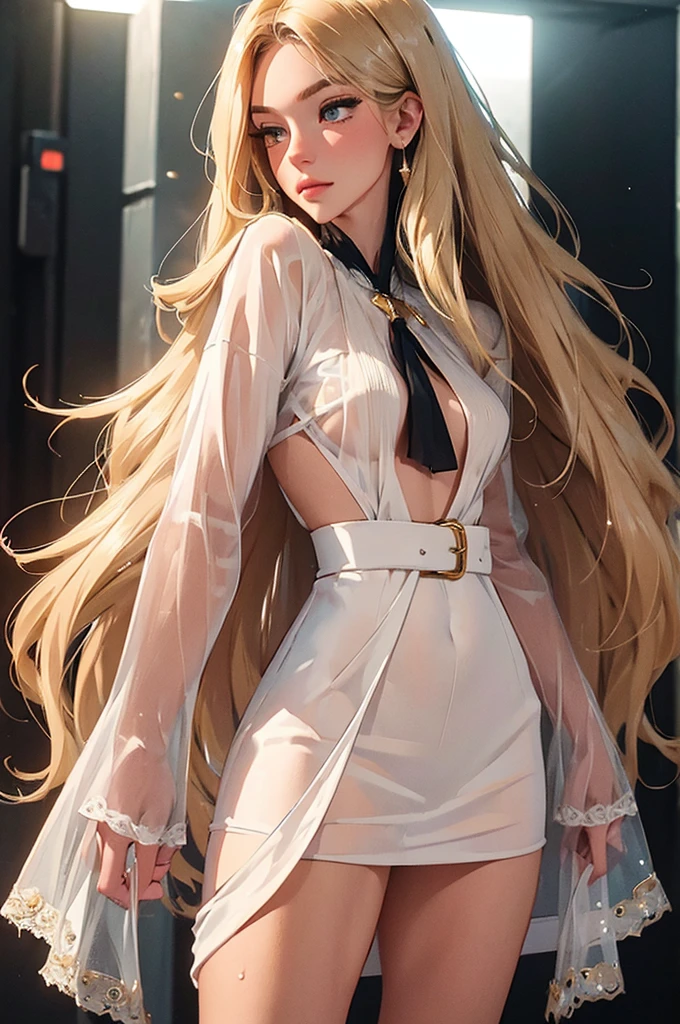 ((((masterpiece, best quality, high resolution)))), full body,Extremely detailed 8K, Beautiful girl with slender body, e-girl, (Ultra HD, Ultra-detailed, Highly detailed, Highly realistic, Ultra-realistic, photograph realistic), (1girl:1.5), (Realistic blonde hair with dark roots), wavy hair, boho bob cut,(dark makeup, pink eyeshadow), facing at camera, light smile, (white and gold outfit, see through clothes, wet skin). (space cruise)