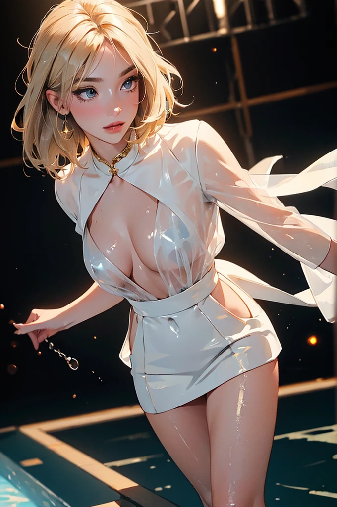 ((((masterpiece, best quality, high resolution)))), full body,Extremely detailed 8K, Beautiful girl with slender body, e-girl, (Ultra HD, Ultra-detailed, Highly detailed, Highly realistic, Ultra-realistic, photograph realistic), (1girl:1.5), (Realistic blonde hair with dark roots), wavy hair, boho bob cut,(dark makeup, pink eyeshadow), facing at camera, light smile, (white and gold outfit, see through clothes, wet skin). (space cruise)