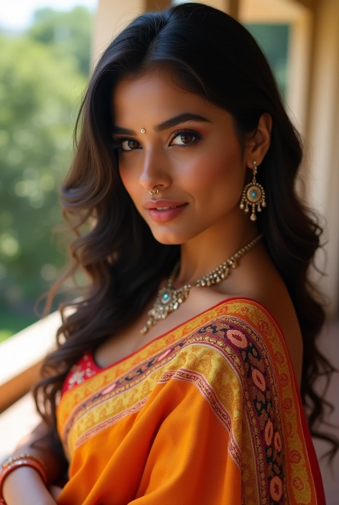 y indian woman wearing saree taking realistic selfie of herself