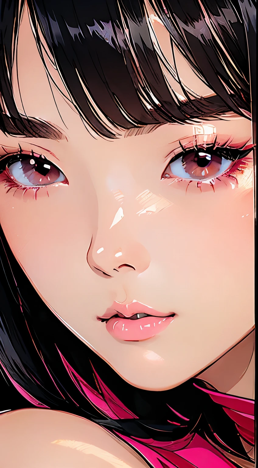 Beautiful and attractive Asian woman、Half-body photo、Delicate and sexy collarbone、Attractive oval face、double eyelid、bright peach-colored eyes、Pink Lips、Small Nose、drunk、Face close-up、Black Hair、Bobcut、Ultra-high resolution、Super detailed、Extreme close-up、Red Shirt、drunk