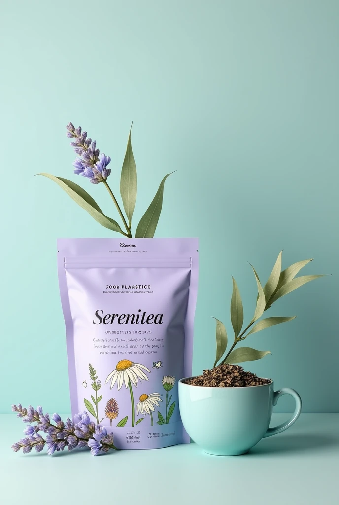 Create a detailed prototype and packaging design for SereniTea, a calming tea blend designed to promote relaxation and sleep, offered exclusively in biodegradable tea bags.
Tea Bag Packaging:
Focus on eco-friendly materials, using biodegradable components for the tea bags and their packaging.
Design the packaging with soothing colors such as soft blues, greens, and lavenders, creating a calming and tranquil aesthetic.
Incorporate imagery that represents the natural ingredients (chamomile, lavender, valerian root) to emphasize health, wellness, and the tea’s sleep-enhancing properties.