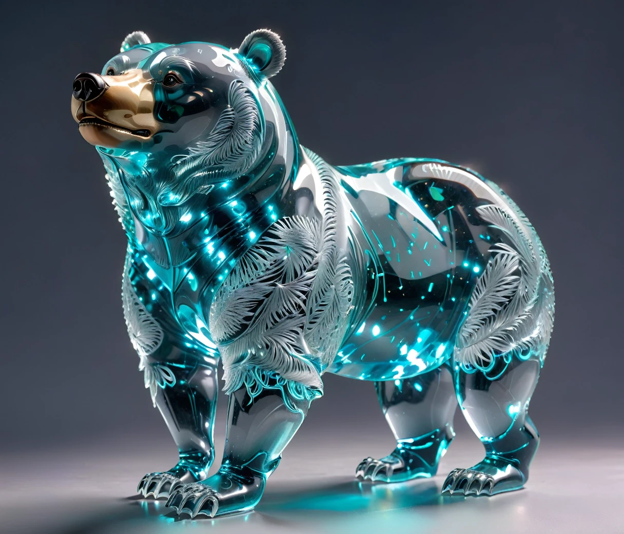 (((translucent glass sculpture:1.5))), action pose, cute, obese, anthro, bear, luminiscent cyan eyes, best quality, hires textures, cinematic lighting, casting a gentle glow on its surroundings, warm light, indigo background, no pedestal, detailxl