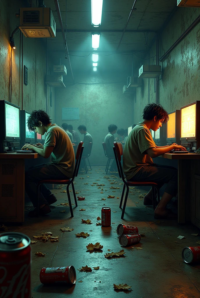 Show me an internet cafe type place where it is a gaming version where there is food on the floor and moreover with the characters as if they had not bathed.