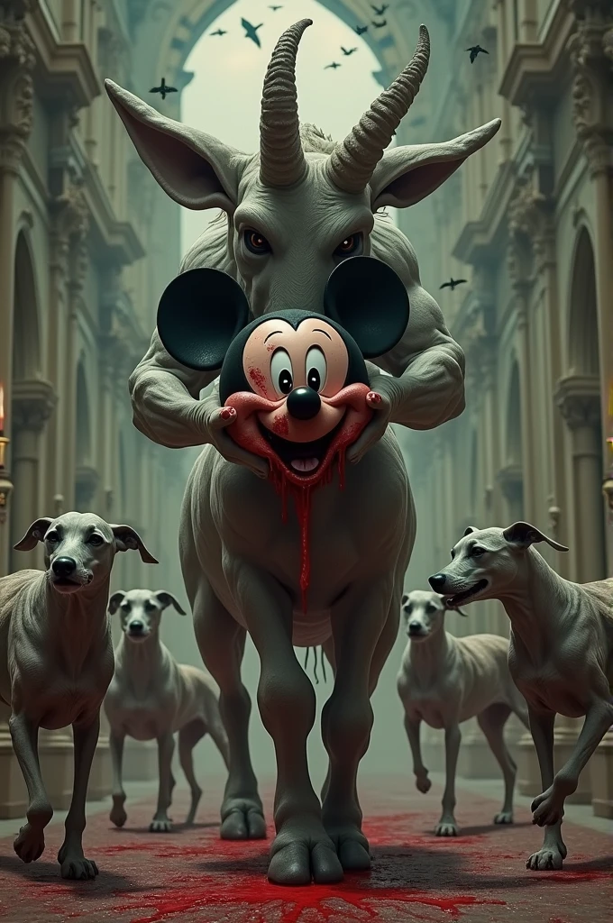 Centaur with Mickey Mouse head in his hands dripping blood, Many greyhounds around watching and others running, baroque background with birds