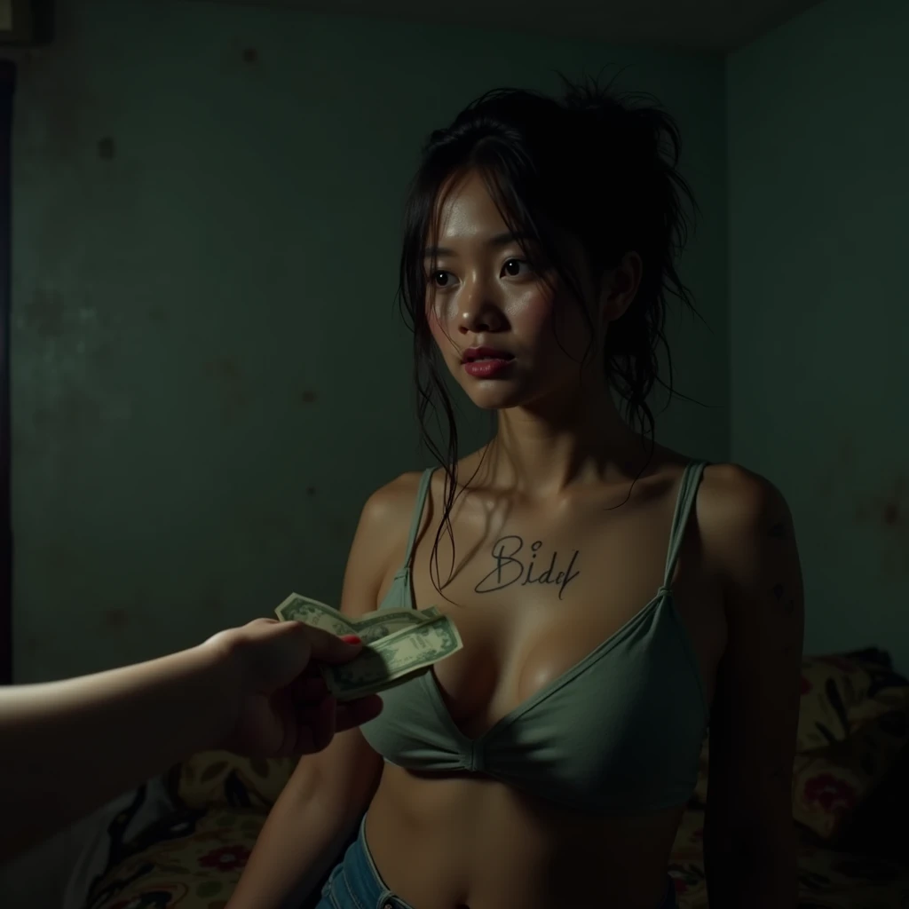 Herman Soe at night in a simple house, beautiful young indonesian women, voluptuous, sweating, messy hair like just woke up, wearing a tank top, tattoo "Billy" on his chest, in front of him there is a hand giving money, against a dull wall, wet hair, Low light