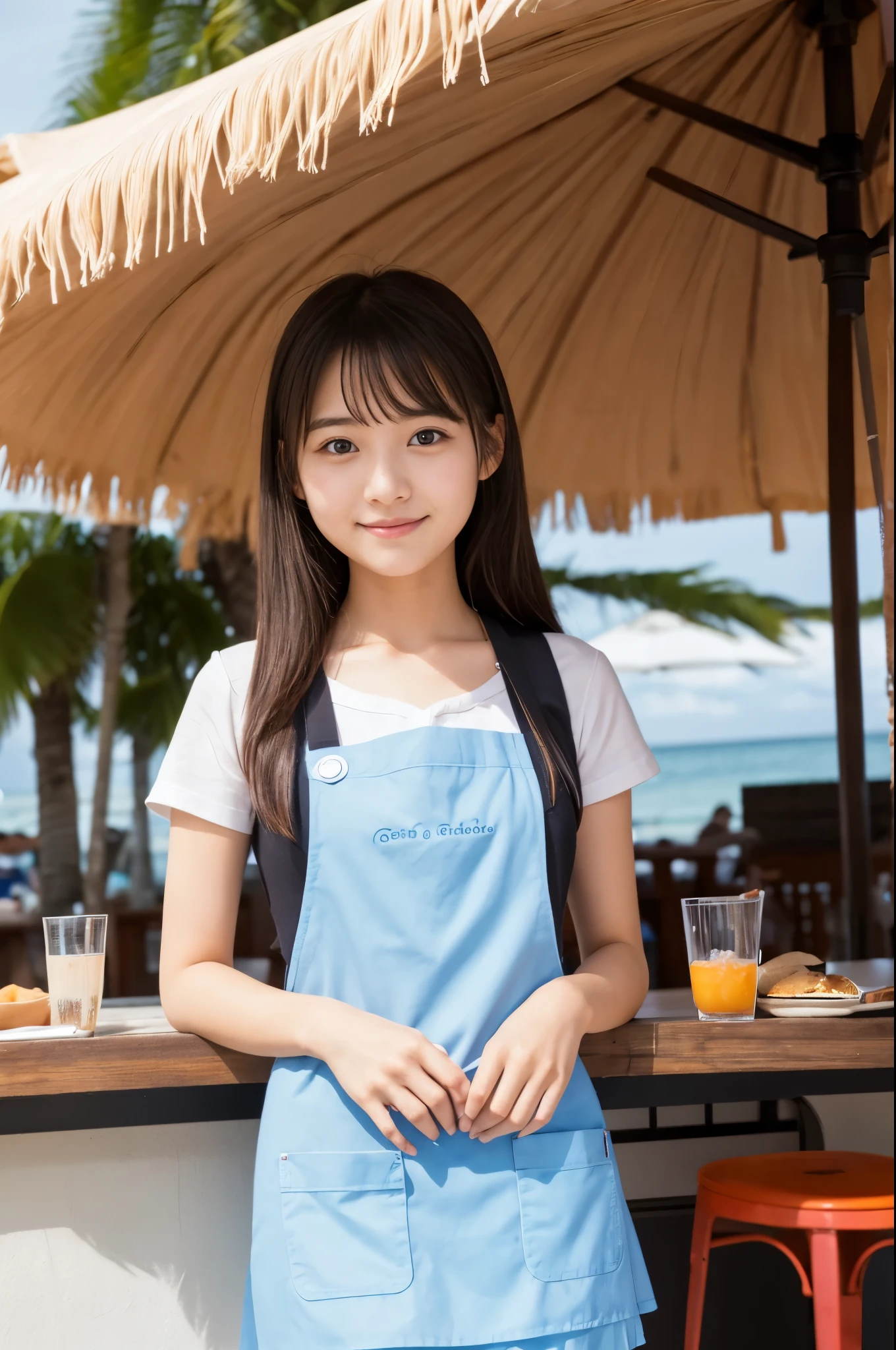 A girl (twenty years old, Japanese cute face) are wearing apron, mini skirt at the beach bar