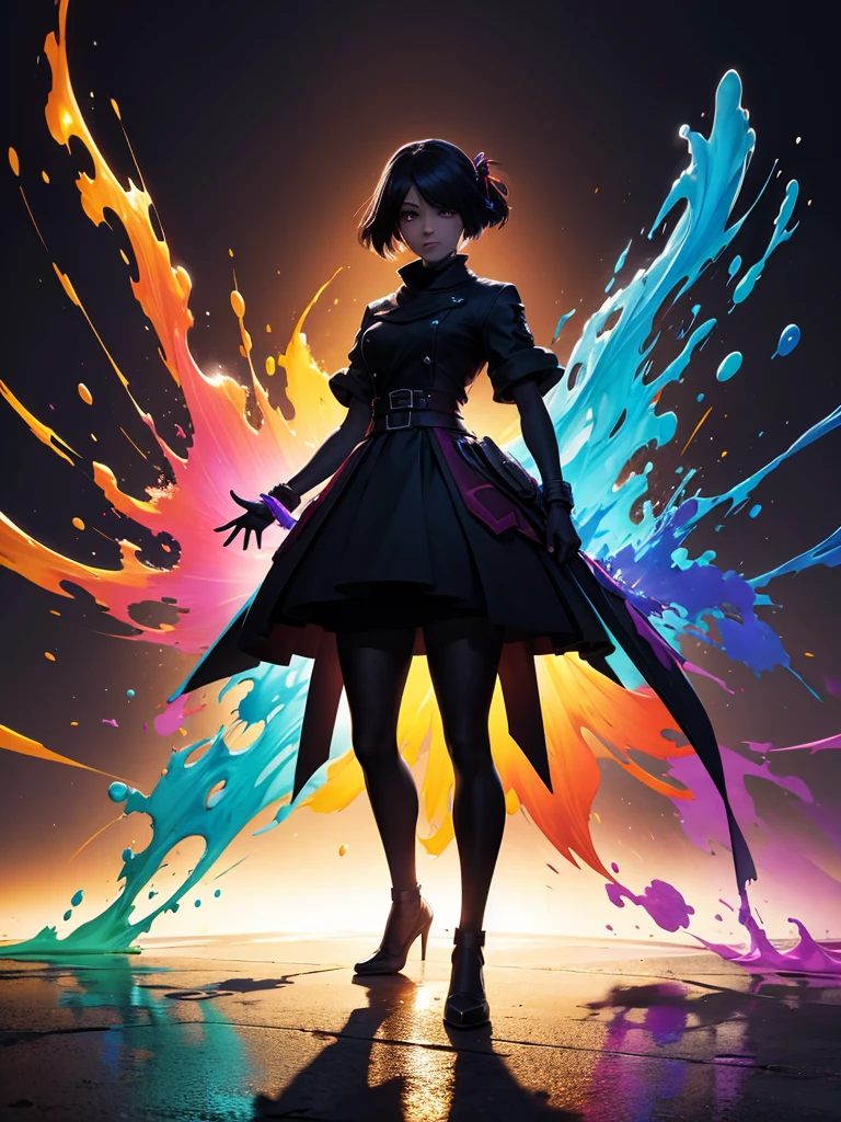 Highest quality、Brightly colored splash art、Shadow of a standing woman's back、Stars around the woman々、Stardust、Dazzling、Vivid and colorful clouds、Backlight、polarized light、Highly detailed and colorful、Fantasy、Fantasyなライティング