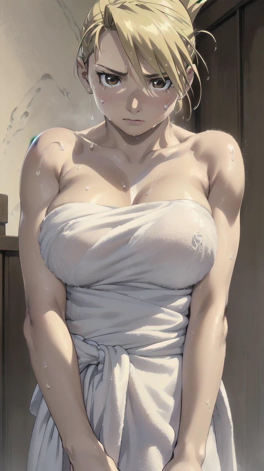 masterpiece, highest quality, High resolution, 1 girl, Hamriz, ponytail、brown eyes,inside the room、muscular body、blush、Composition from the front、アニメ、(((Big Boobs、Upper body close-up、Completely naked、Wrap a bath towel naked、Wet、Sweat)))