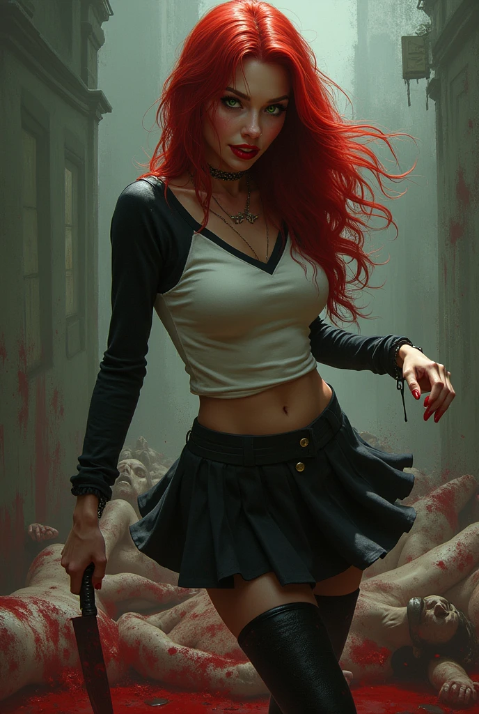 Seductive and Beautiful young woman with a soul of pure evil and hatred. Alluring green eyed, long red haired serial killer wearing a pink tank top with a bloody heart on it, a leather jacket, pleated skirt, tights, and combat boots. Surrounded by blood and bodies.  She stabs a muscular man in the back viciously, A bloody knife in her right hand. A sinister smile crosses her glossy red lips.