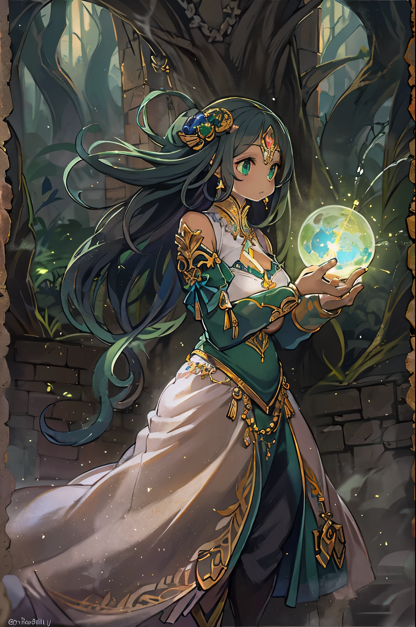A powerful spell that creates a magical protective barrier., A woman who uses green magic to summon a magical shield is perfect for a fantasy world..