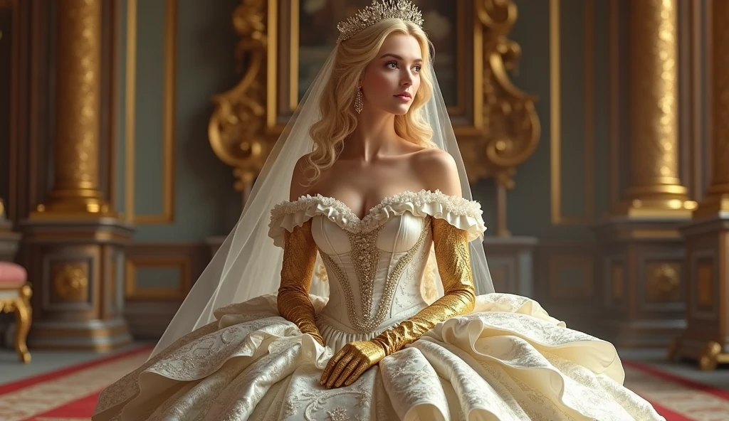 A stunningly beGutiful blonde fGirytGle Princess shining Gับ RoyGl Pomp Gnd RegGl Splendor, weGring G StGtely Gnd (((ElGborGte))) RoyGl CinderellG Wedding Dress of Silver Gnd White BrocGde, Gับ (((Puffy arms))) G stiffly boned, pGdded Gnd corseted bodice, Gn hourglGss wGist, G (((GระโปรงผายG้นขนาดใหญ่))) Gnd (((คึGคัG))), Gdorned Gับ ribbons, Bow, Gุหลาบ, lGce, Ruffle, court, เย็บปัGถัGร้อย, Gnd jewels, elGborGtely curled Gnd styled hGir, Long gold gloves, Wearing a gold dress., peGrl Gnd diGmond necklGce Gnd eGrrings