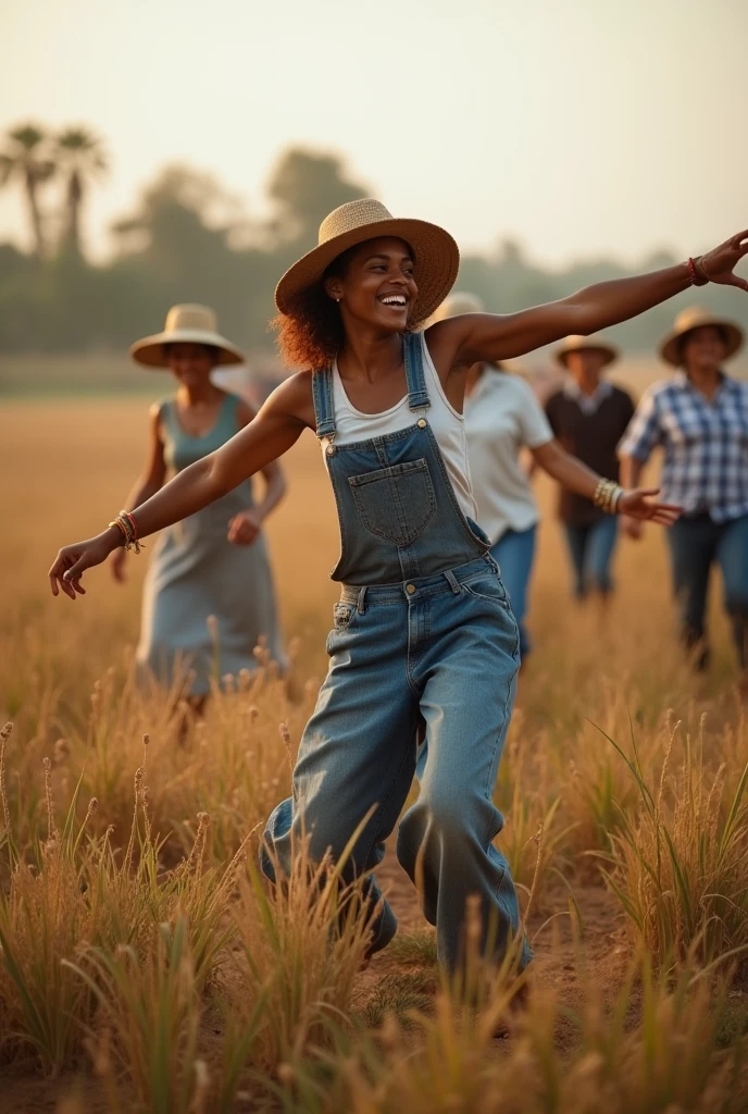 Farmers working in the fields come out to dance.