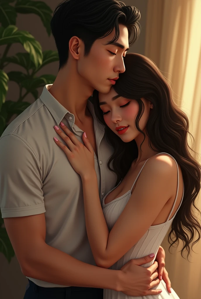 asian man kissed and hugged from behind by beautiful woman