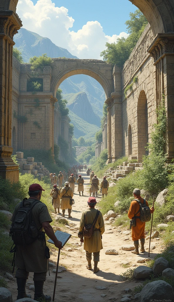 Illustration of archaeologists studying ancient ruins