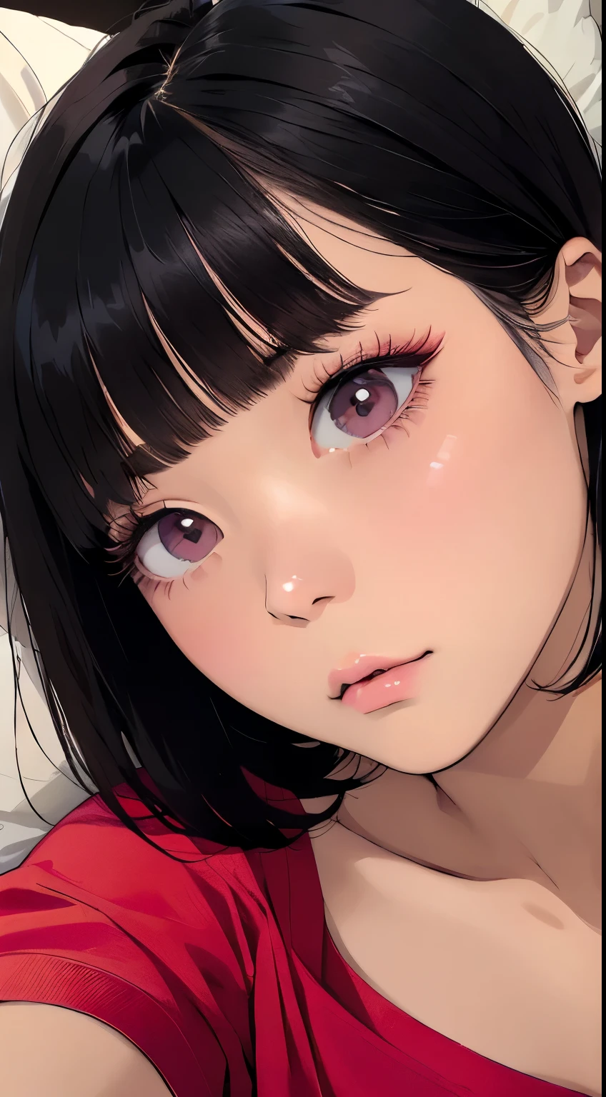 Beautiful and attractive Asian woman、Half-body photo、Delicate and sexy collarbone、Attractive oval face、double eyelid、bright peach-colored eyes、Pink Lips、Small Nose、sleepy、Face close-up、Black Hair、Bobcut、Ultra-high resolution、Super detailed、Extreme close-up、Red Shirt、sleepy