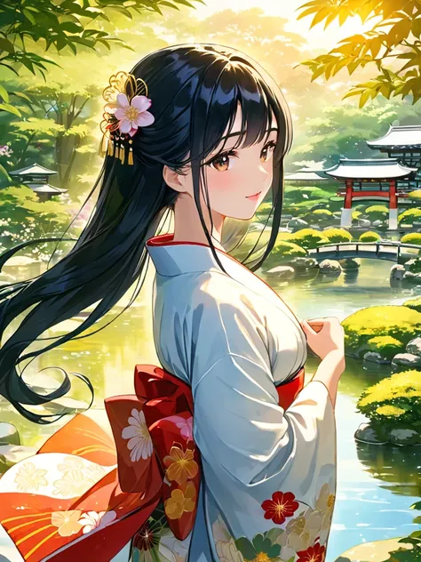 masterpiece, highest quality, one woman,日本のprincess,princess,long, beautiful black hair,shiny hair,hime cut,kimono,花柄のkimono,水色の...