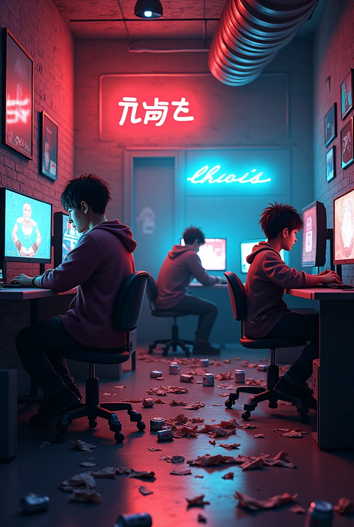 Show me an internet cafe type place where it's a gaming version, where there's food on the floor and more with the characters as if they hadn't bathed but an aesthetically nice place. 

