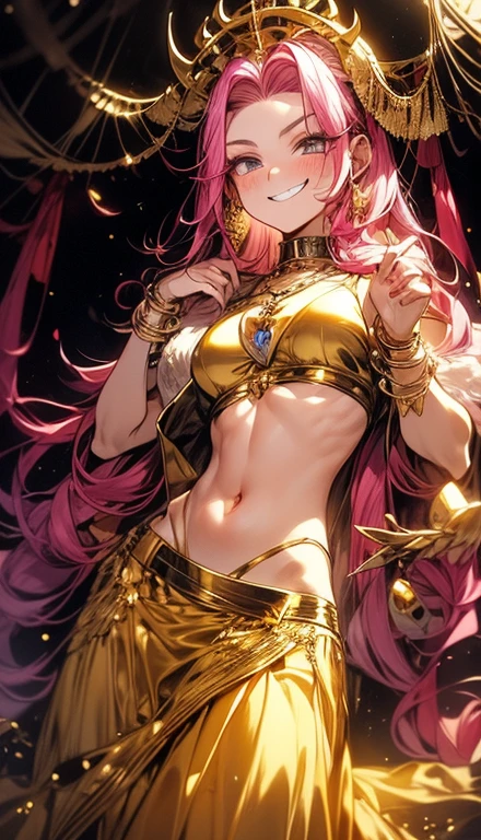 A smug narcissistic pink haired woman wearing a golden bra and long golden skirt and lots of jewelry flaunting herself