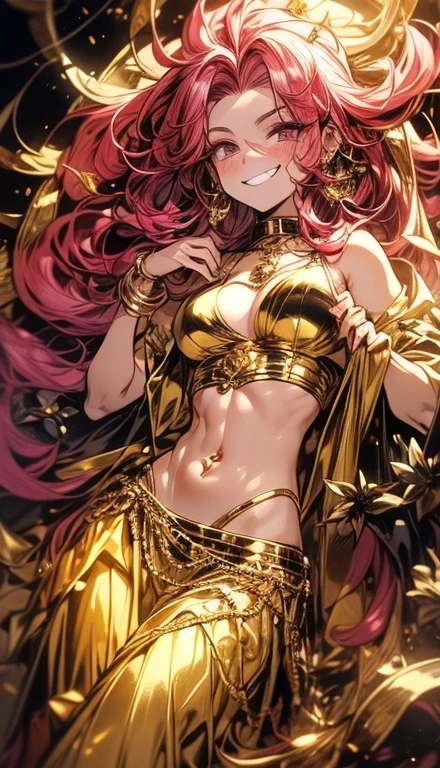 A smug narcissistic pink haired woman wearing a golden bra and long golden skirt and lots of jewelry flaunting herself