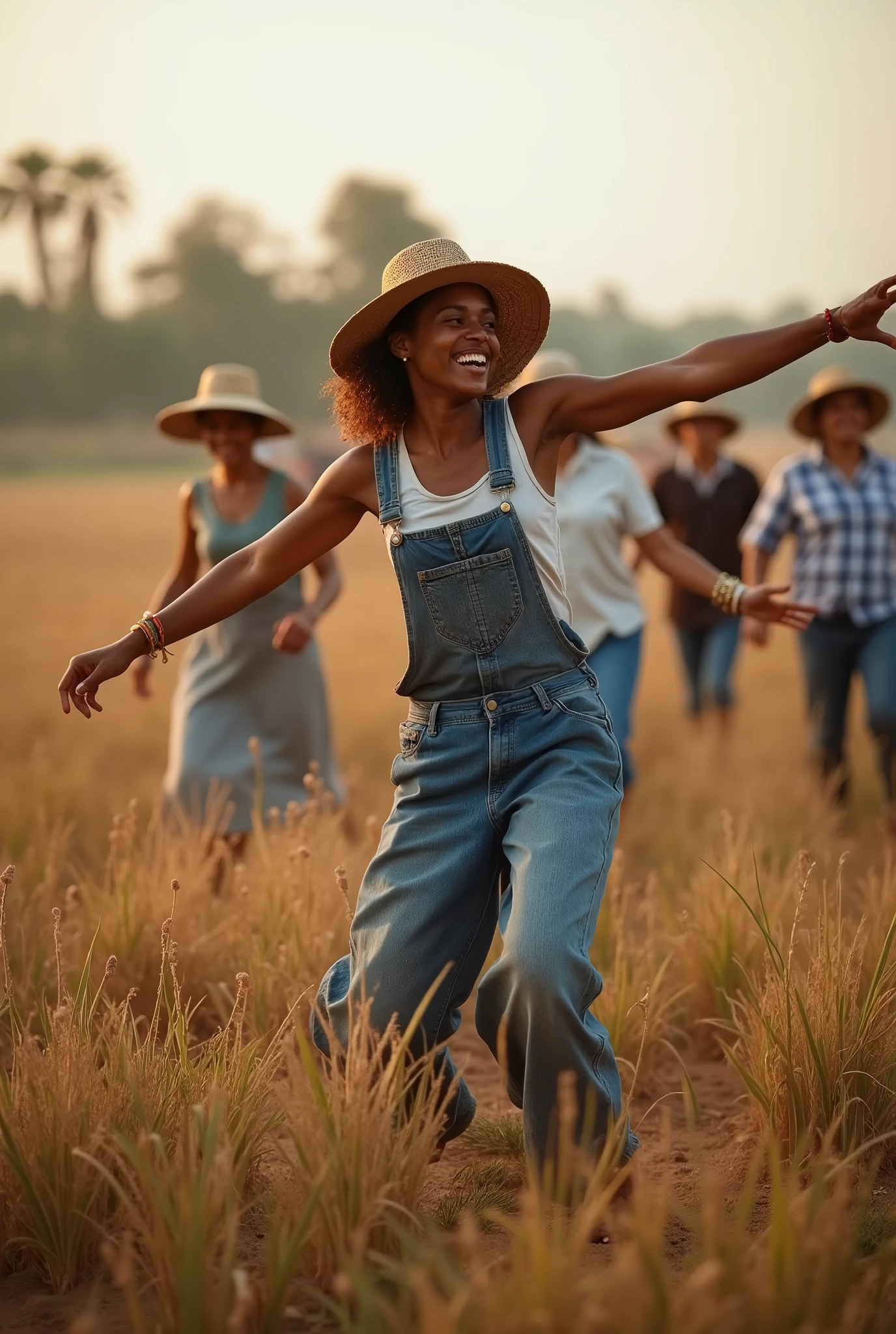 Farmers working in the fields come out to dance.