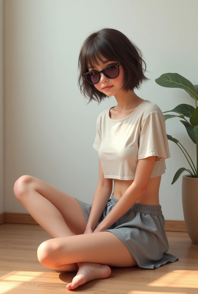 A 40 kg realistic teen girl sitting on floor with short skirt and half-t shirt
 with sunglasses 
