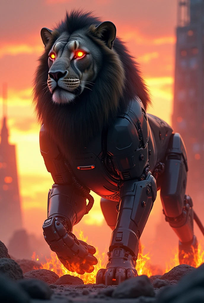 A fire man lion with robotic black shoot with sun set in a imaginary world of science 
