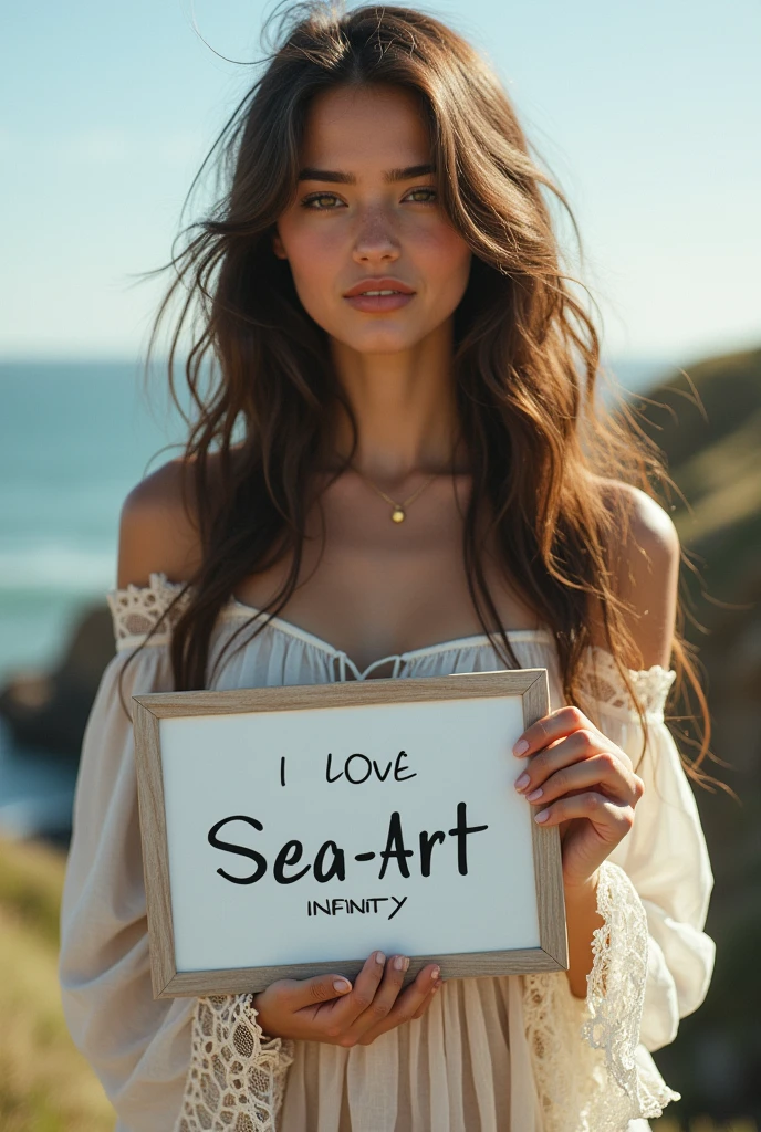 Beautiful girl with wavy long hair, bohemian dress, holding a white board with text "I Love Seaart Infinity" and showing it to the viewer