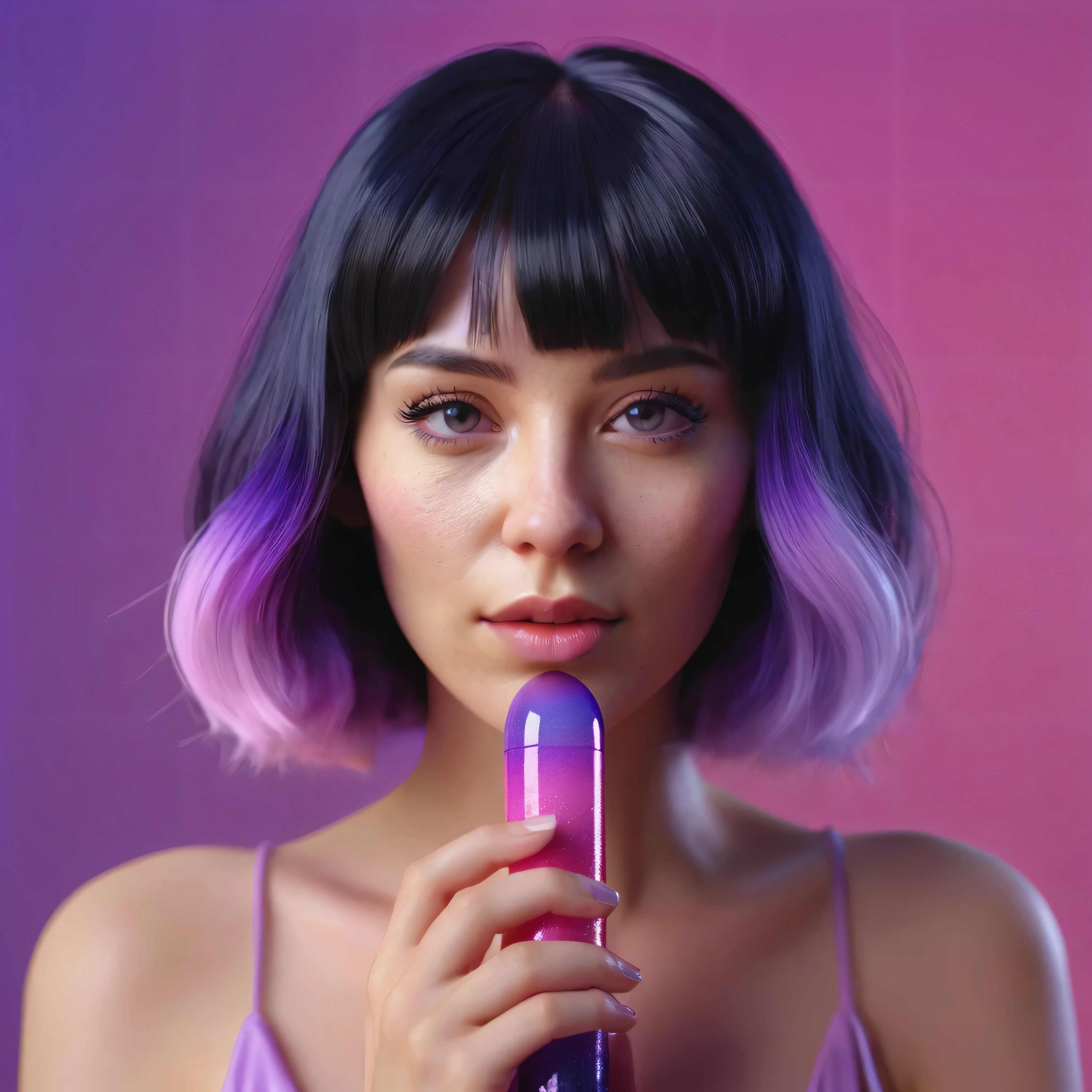 blackhair female hands holding dildo to her face, that is glowing with pink and purple colours, dripping wet, closeup macro photo, minimalistic, in a light purple and pink style, with soft edges and blurred details, in the toycore style, with a 3D render, on a colorful background, with a minimalist stage design, in a surreal style, with a cinema4D rendering, with a minimalist style, with low saturation, using gradient colors, with a cinema4D rendering, with a blender rendering, with super detail, at a super high resolution, at a super high definition
