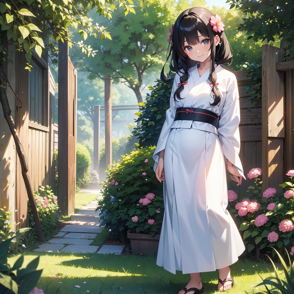 masterpiece,Highest quality,high definition,High resolution,4K,8k,Ultra-high-definition CG,masterpiece,Highest quality,high definition,High resolution,4K,8k,Ultra-high-definition CG,Anime illustration style,１girl, anime painted, front angle, pose standing, shiny black twin tail hair,black, accessories ribbon, expression smiling,arms behind back,Scene of a garden full of flowers、White yukata,shiny skin,fashion model posing 、Small breasts、