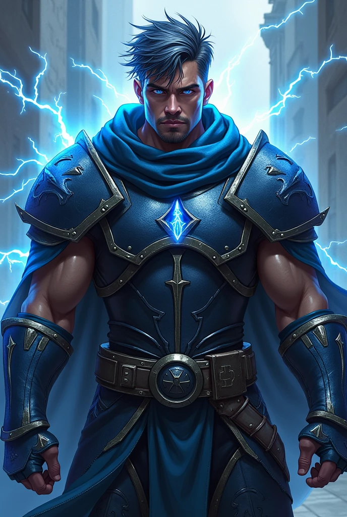 A muscular man in his thirties, with dark, messy hair streaked with silver, and electric blue eyes. He wears dark steel armor with lightning motifs., and a cloak that crackles with static electricity. His expression is intense and energetic, always ready for action.