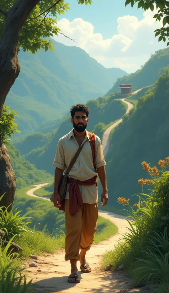 A young man in his early 20s, dressed in simple, modern village attire. Ravi has a restless and eager expression, with eyes that show both determination and frustration. He carries a small bag over his shoulder, symbolizing his journey to seek answers. As the story progresses, Ravi’s expressions soften, reflecting his gradual understanding and acceptance of patience. Ravi is depicted walking up a winding mountain path, surrounded by trees and nature. The scenery is peaceful, with the monk’s hut visible in the distance, nestled among the trees, symbolizing the wisdom that awaits Ravi.