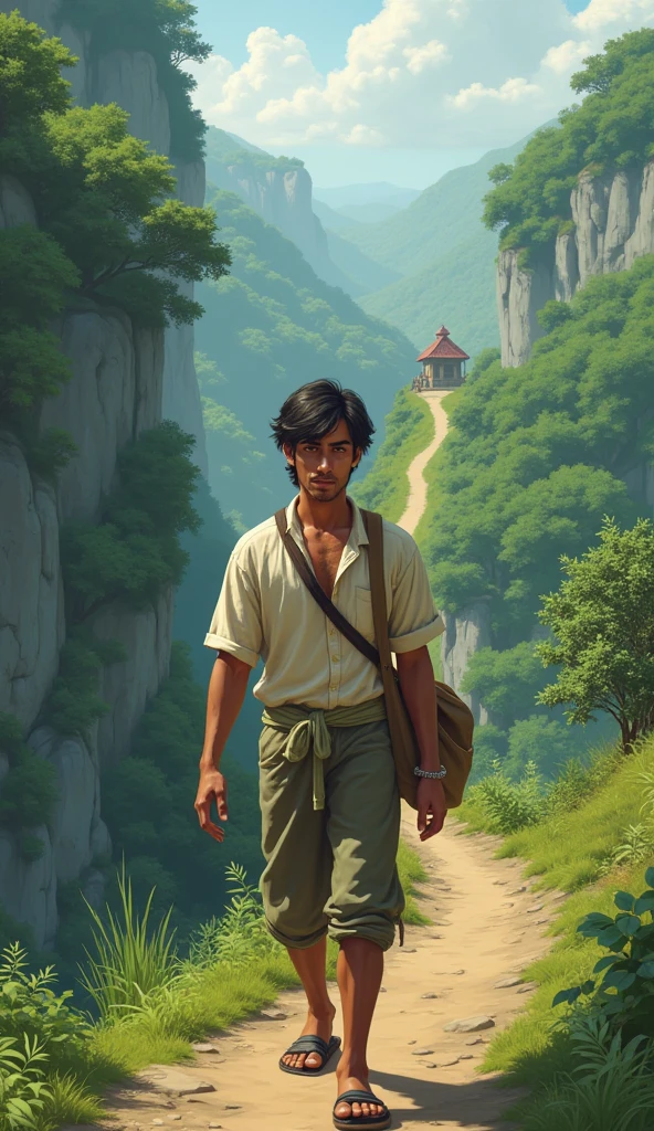 A young man in his early 20s, dressed in simple, modern village attire. Ravi has a restless and eager expression, with eyes that show both determination and frustration. He carries a small bag over his shoulder, symbolizing his journey to seek answers. As the story progresses, Ravi’s expressions soften, reflecting his gradual understanding and acceptance of patience. Ravi is depicted walking up a winding mountain path, surrounded by trees and nature. The scenery is peaceful, with the monk’s hut visible in the distance, nestled among the trees, symbolizing the wisdom that awaits Ravi.