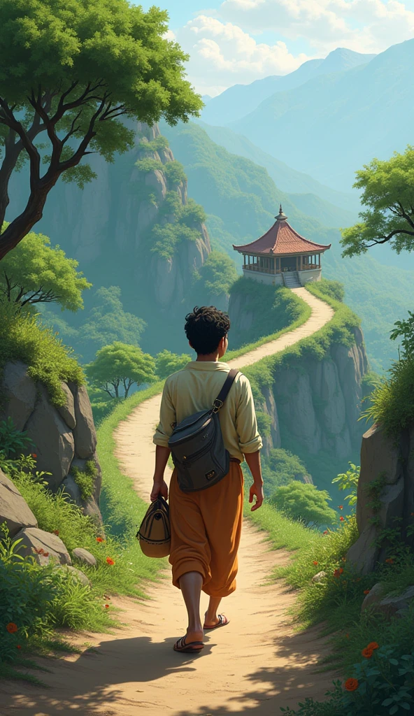 A young man in his early 20s, dressed in simple, modern village attire. Ravi has a restless and eager expression, with eyes that show both determination and frustration. He carries a small bag over his shoulder, symbolizing his journey to seek answers. As the story progresses, Ravi’s expressions soften, reflecting his gradual understanding and acceptance of patience. Ravi is depicted walking up a winding mountain path, surrounded by trees and nature. The scenery is peaceful, with the monk’s hut visible in the distance, nestled among the trees, symbolizing the wisdom that awaits Ravi.