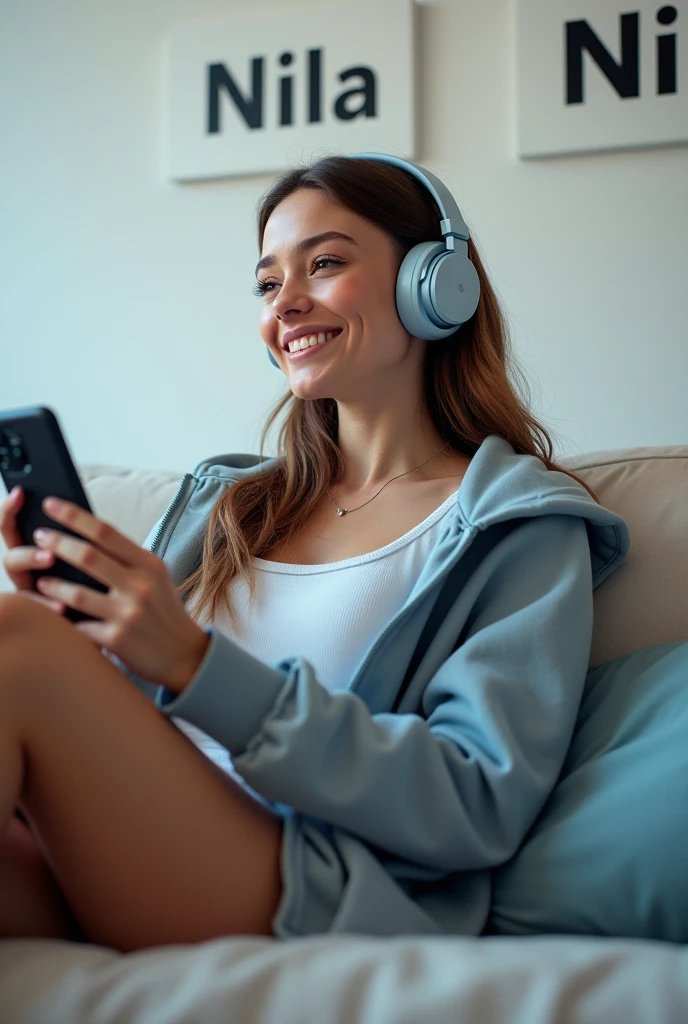 A gaming girl sitting in a sofa with headphone and moble phone and background is a wall with name NILA