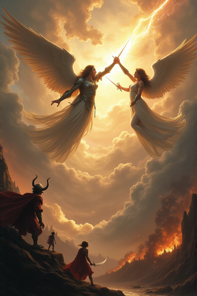 Angels are fighting with the devils to protect people and childs