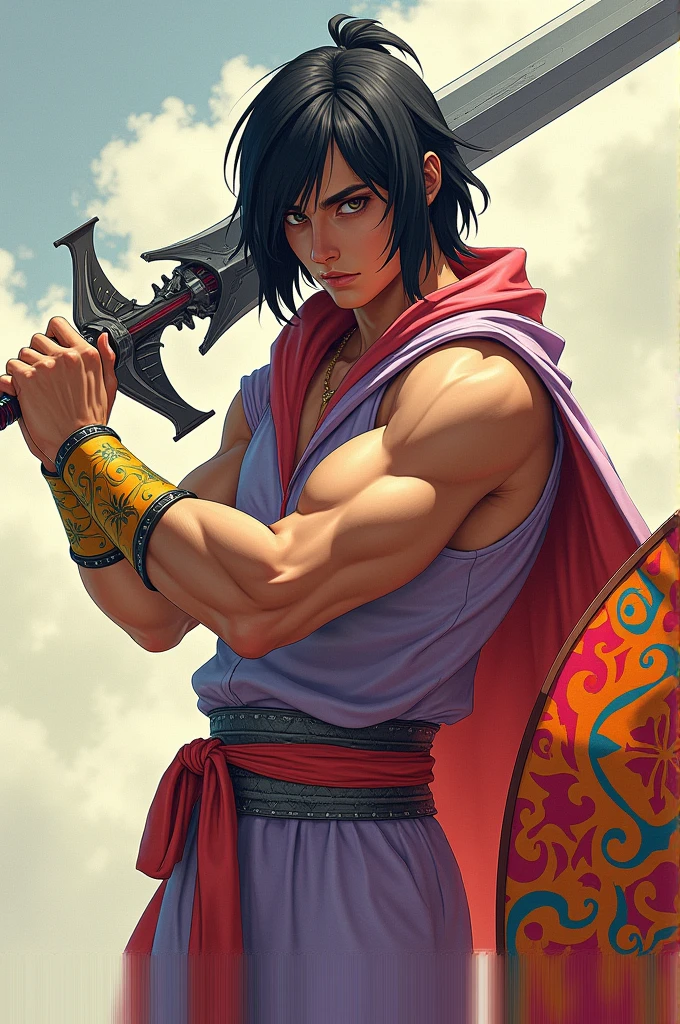 Personnage avec une double épée avec des foulard rouge un côté aérodynamique de la lame est fait de métal des vêtements avec des pointillé vert poupre pâle teintures a du rouge clarté mélange a du blanc un pantalon du motif de la couleur une tête avec des yeux marrons est noir un corps un peut musclé des bras avec un bouclier teintures au couleur du Brésil un bandeau jaune teinté de rouge trés clair sur sont bras droit et un côté de combattant dangereux 