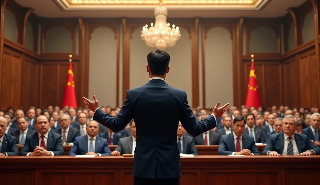 A young Chinese man in a suit is speaking to politicians from various countries in a huge lecture hall.，Politicians from all over the world are looking at men，No flag appears