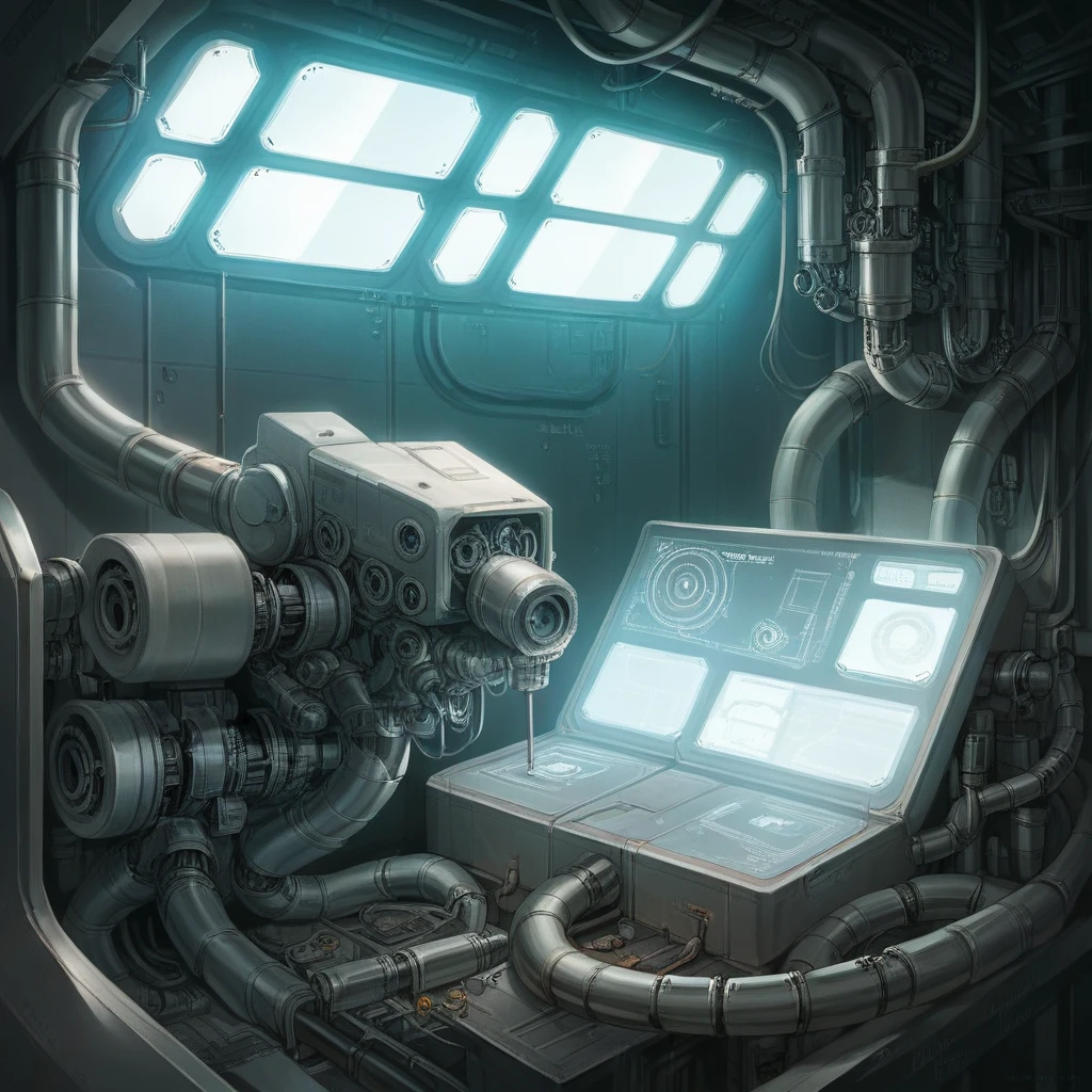 a mechanical background, real color scheme, inside the spaceship, highly detailed, cinematic lighting, industrial machinery, gears, pipes, vents, control panels, holographic displays, futuristic technology, minimalist design, dystopian atmosphere, moody lighting, realistic rendering, photorealistic, 8k, best quality